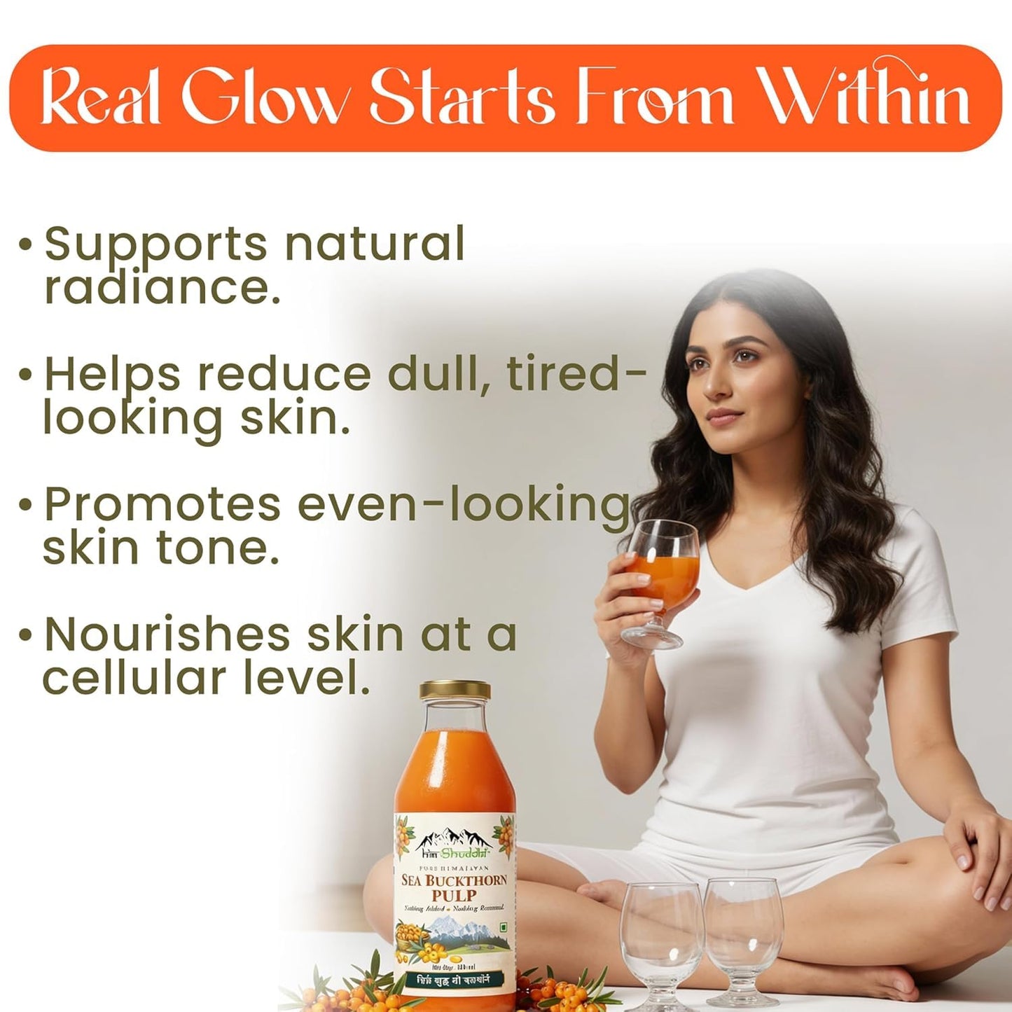 Woman holding a glass of juice next to a bottle with text about skin health benefits.

