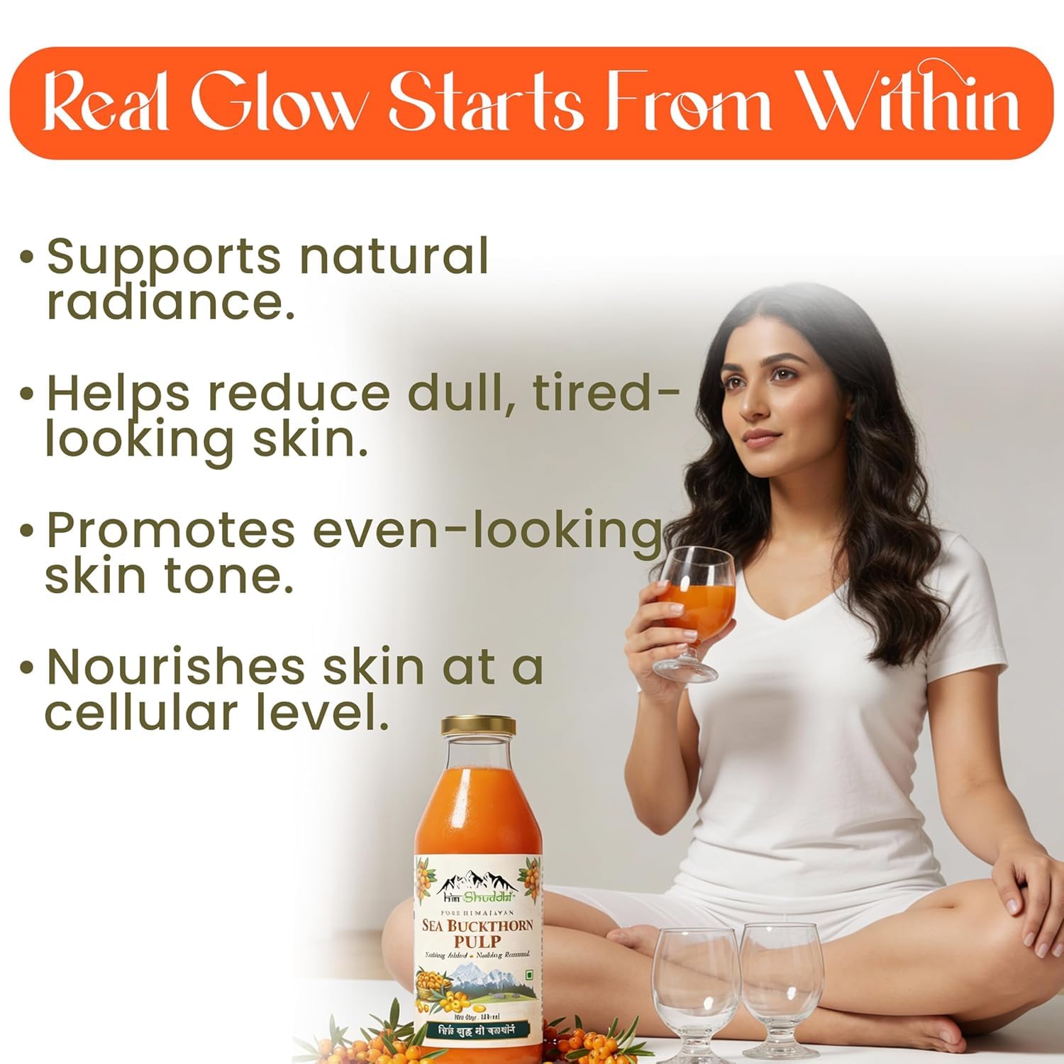 Woman holding a glass of juice next to a bottle with text about skin health benefits.

