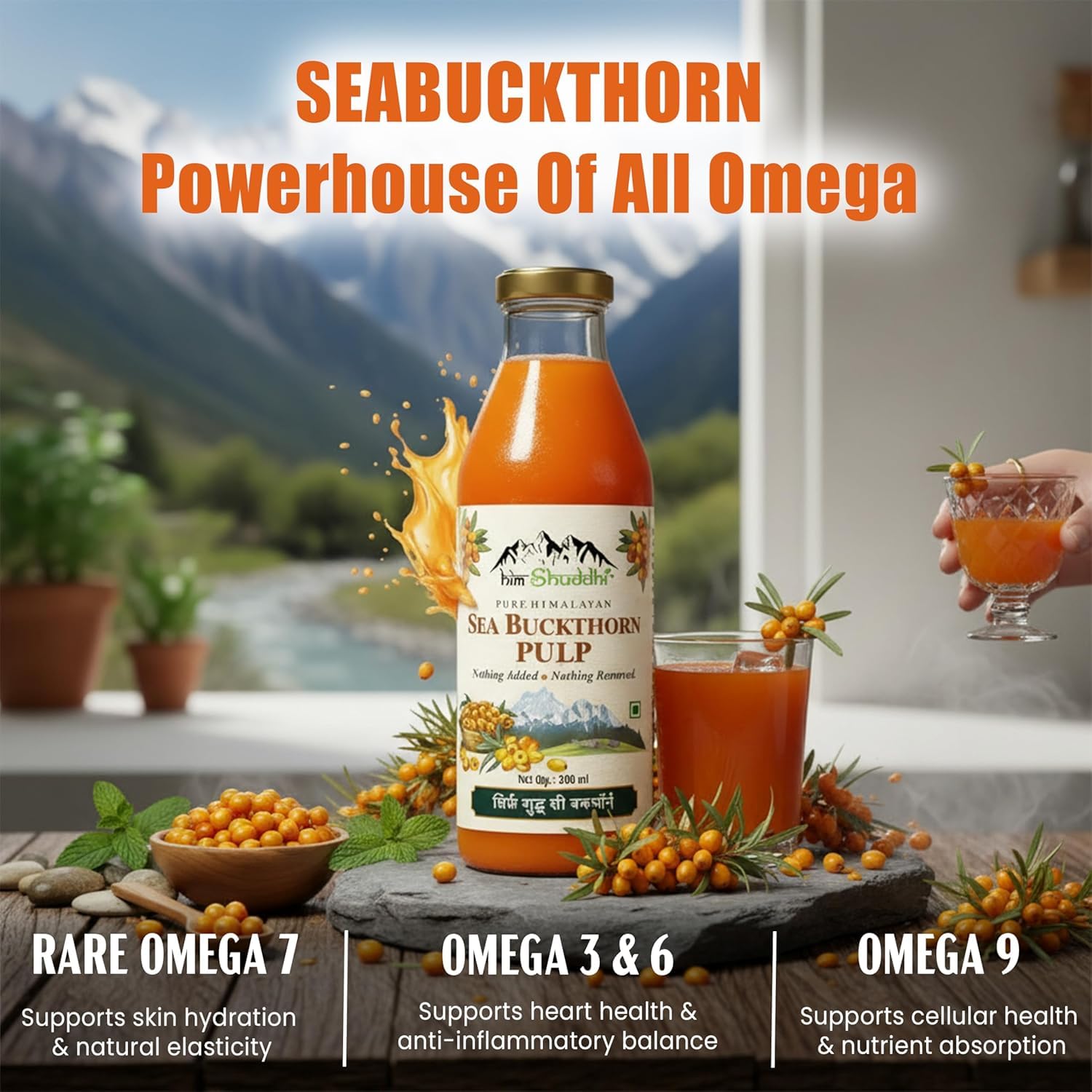 Sea buckthorn juice bottle with ingredients and benefits displayed against a scenic background